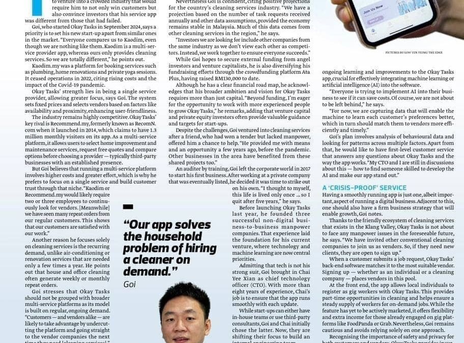 Okay Tasks Featured in The Edge Malaysia – Founder Tim Goi Shares Vision to Revolutionize On-Demand Cleaning
